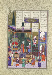 Shapur II:n kruunaus vauvana, folio 538r Shahnameh-kirjasta..., noin 1525-30.