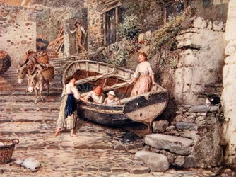 Näkymä Clovellyyn, jossa on rantautunut vene ja hahmoja, 1882.