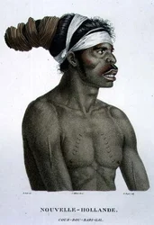 Cour-Rou-Bari-Gal, kotoisin New Hollandista, levy 18 teoksesta "Voyage of Discovery to Australian Lands", kaiverrus B. Roger, pub. 1800-04 (kaiverrus)