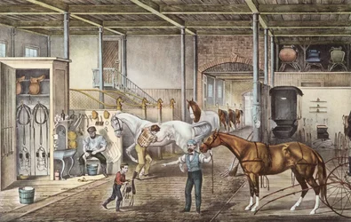 Mallitalli, jossa pojat ja hoitajat todella huolehtivat hevosista, kaiverrus Currierin ja Yvesin kirjasta "America" 1870.