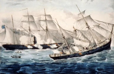 USA:n sodankäynti Cherbourgin edustalla Ranskassa sunnuntaina 19. kesäkuuta. 1864. Kuvitus Currier & Ives. c1864.
