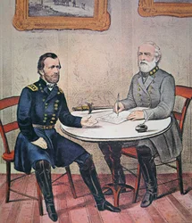 Kenraali Robert E. Lee (1807-70) antautuu kenraali Ulysses S. Grantille (1822-85) Appomattoxin oikeustalossa 9. huhtikuuta 1865 (värilitho)