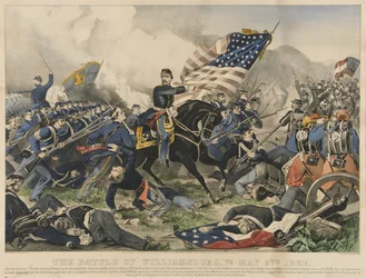 Williamsburgin taistelu Virginiassa 5. toukokuuta 1862 (värilitografia)