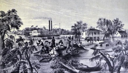 Currier & Ives -kuvitus 1800-luvulta. Korkea vesi Mississippissä