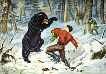 Currier & Ives -kuvitus 1800-luvulta. Metsästäjän elämä. Tiukka korjaus.