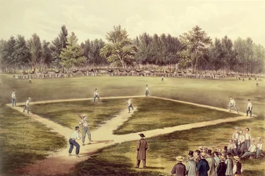 Amerikkalainen kansallispeli baseball - Suuri ottelu Elysian Fieldsillä, Hobokenissa, New Jerseyssä, 1866