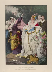 The Rival Queens, Mary Queen of Scots uhmaa kuningatar Elisabetia, 1857-72 (Käsinväritetty litografia) (Käsinvärjätty litografia)