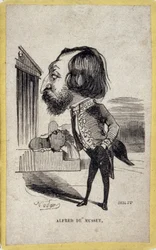Alfred de Mussetin (1810-1857), ranskalaisen runoilijan ja näytelmäkirjailijan muotokuva. Gaspard Felix Tournachonin sarjakuva Felix Nadarissa (1820-1910).