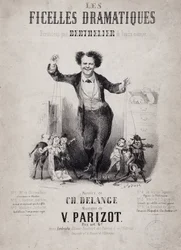 Muotokuva Jean Berthelieristä (1830-1888) pitelemässä nukkepoikia. Albumi "Les Ficelles Dramatiques deroulees by Berthelier de l