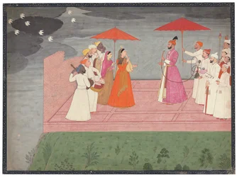 Muusikot soittavat ragaa Balwant Dev Singhille sadekauden aikana, n. 1745-50