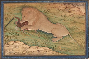 Metsästyksen vaarat, Leijona syöksyi metsästäjän päälle, n. 1615 (läpinäkymätön wc silkillä)