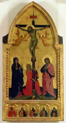 Ristiinnaulitseminen surejien ja Pyhän Maria Magdaleenan kanssa, SS:tä kuvaava predella-paneeli. Hieronymus, Paavali, Jaakob, Pietari ja tuntematon pyhimys (tempera paneelissa)