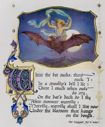 Valaistu sivu Shakespearen sonettikirjasta kuvaa kohtausta Myrskystä.