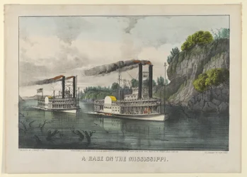 A Race on the Mississippi, 1870., 1870. Tekijät: Nathaniel Currier, James Merritt Ives, Currier ja Ives.