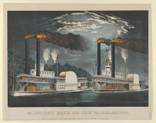 Midnight Race on the Mississippi, 1875., 1875. Tekijät: Nathaniel Currier, James Merritt Ives, Currier ja Ives.