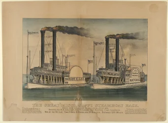 Suuri Mississippi Steamboat Race - New Orleansista St. Louisiin, heinäkuu 1870 - välillä t..., 1872-74. Tekijät: Nathaniel Currier, James Merritt Ives, Currier ja Ives.