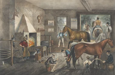 Trotting Cracks at the Forge, 1869., 1869. Creadors: Nathaniel Currier, James Merritt Ives, Currier i Ives.finnish
