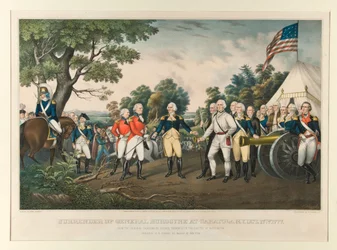 Kenraali Burgoynen antautuminen Saratogassa, N.Y., 17. lokakuuta 1777 / Colonel Trumbullin Washingtonin Capitolissa olevan alkuperäisen maalauksen mukaan