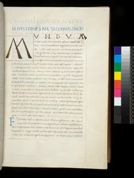 Ms 394,1. Plinius Vanhin, Historia naturalis, f.26r. Kynän alkukirjain [M] lisätty sisustajan tyhjäksi jättämään tilaan, Napoli, 1400-luvun puoliväli, n. 1442 (pergamentti)