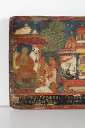 Yksityiskohta buddhalaisen käsikirjoituksen kannesta (läpinäkymätön wc puulla)