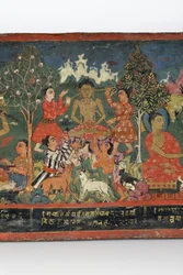 Yksityiskohta buddhalaisen käsikirjoituksen kannesta (läpinäkymätön wc puulla)