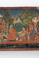 Yksityiskohta buddhalaisen käsikirjoituksen kannesta (läpinäkymätön wc puulla)