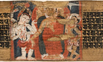Folio 126b Buddhan laskeutuminen taivaasta, Astasahasrika Prajnaparamitasta (tussi ja värit palmunlehdille ja puulle) (yksityiskohta kuvasta 430762)