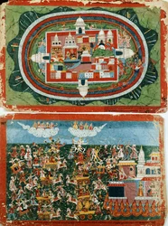 Krishna hyökkää Prag-jyoshitan valloittamattomaan linnaan saadakseen takaisin Aditin korvarenkaat, n. 1775
