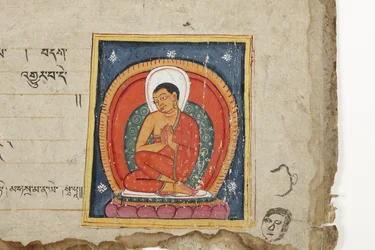 Sivu buddhalaisesta käsikirjoituksesta, mahdollisesti Mahashitalanikasta, n. 1400 (läpinäkymätön wc ja muste paperilla)