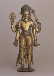 Hindujumala Vishnun patsas, n. 1200 (korkeakuparinen pronssi, viilto, kullattu, koristeltu jalokivillä ja maalattu)