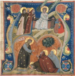 Käsikirjoituksen valaistus pääsiäiskohtauksilla alkukirjaimella A, antifonaarista, italia, n. 132