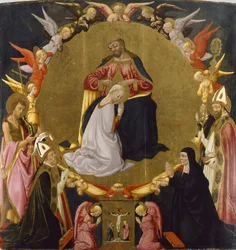 Neitsyt Marian kruunajaiset enkelien ja neljän pyhimyksen kanssa, noin 1470-75 (tempera ja lehtikulta paneelille).