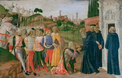 Kohtaus Saint Bernardinon elämästä (tempera puulle)