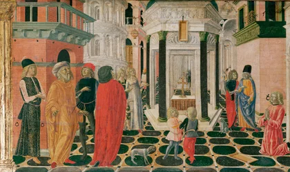 Kohtaus Saint Bernardinon elämästä (tempera puulle)