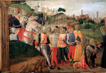 Totila, ostrogoottien kuningas Benedict Nursian luona - Yksityiskohta Predellestä, n. 1470
