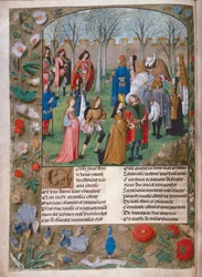 Harl 4425 f.14v Carolle puutarhassa, Roman de la Rosesta, Bruggesta, n. 1490-1500 (vellum)