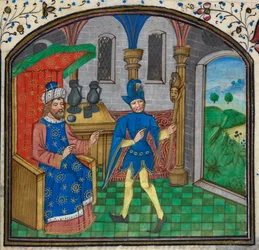Harley 3000, f.189 Tyhmä isäntänsä kanssa, Mildmay Masterin kirjasta Tuntikirja, n.1460-70 (vellum)