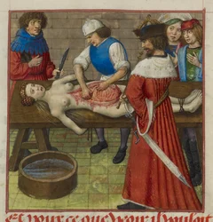 Harley 4425 f.59 Nero katsomassa, kun hänen äitinsä Agrippina leikataan, kuvitus Jean de Meunin ja Guillaume de Lorrisin teoksesta "Roman de la Rose" n. 1490-1500 (vellum)