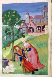 Ms 324 f.44 v. Alcithoe, Pyramus ja Thisbe, Mulperipuu muuttaa väriä, Ovidiuksen Metamorphoses, 1479