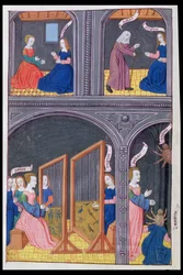 Käsikirjoitus 324, fol. 62v. Arachne haastaa Pallaksen ja muuttuu hämähäkiksi, Ovidiuksen "Muodonmuutosten" kirjasta 6, 1479