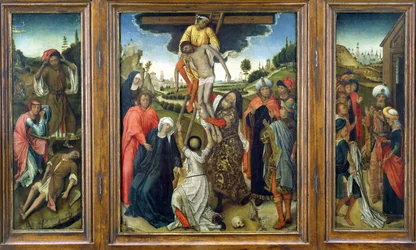The Deposition, jota reunustavat (V) Adam ja Eeva surevat Abelia ja (R) Josephin takki Jaakobille, triptyykki, n. 1470 (paneeli)