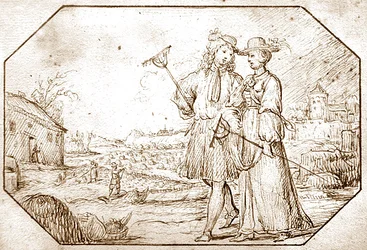 Neljä vuodenaikaa: Kevät - Hoeing, n. 1675 (kynä ja seepiamuste paperilla)