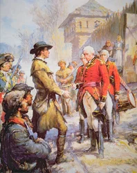 George Rogers Clark hyväksyy brittiläisen komentajan Henry Hamiltonin antautumisen Fort Sackvillessä 25. helmikuuta 1779 (värilitho)
