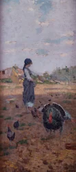 Nuori tyttö ruokkimassa kalkkunoita (öljy kankaalle)