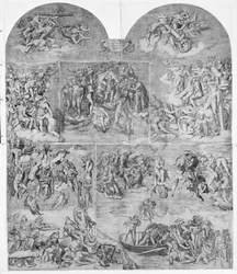 Paholaiset vetävät alas trumpetoivia enkeleitä ja kirottuja sieluja alas keskellä ja oikealla sek..., 1548.