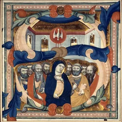 Historioitu alkukirjain "S", joka kuvaa Pyhän Hengen laskeutumista, 1300-luvun puoliväli