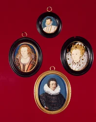 Kokoelma miniatyyrejä: Francis Drake (nyt National Portrait Gallery, ks. 1619); Elizabeth I (nyt National Portrait Galleryssa); Isaac Oliver; Elizabeth, Böömin kuningatar
