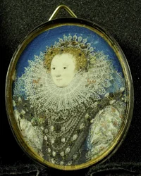 Elizabeth I Englannin kuningatar, n. 1600 (pergamentti, hopea ja lasi)