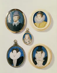 Miniatyyrit L:stä R, T:hen B: Mies kädellä pilvestä; Tuntematon nuori mies, 1588; rouva Holland 26, 1593; Arabella Stuart, Lennoxin herttuatar; Tuntematon Lady