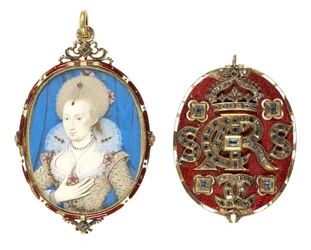 Tanskan kuningatar Annen (1574-1619) miniatyyri jalokivikoristeella, n. 1611 (wc helmikankaalla, emaloitu kultakehys pöytätimanteilla) (katso myös 69710)